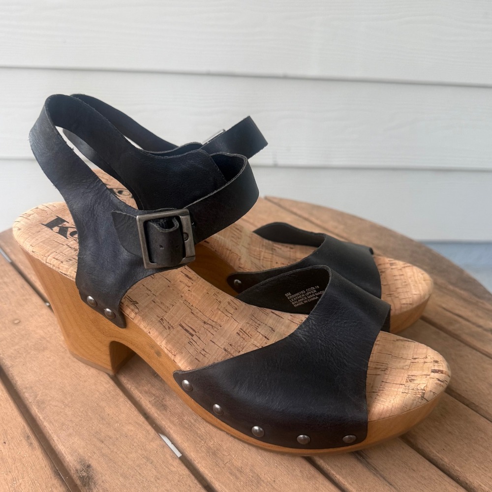 Korks Black Leather Platform Clog Sandals Wood Block Heel Studded 9M Boho